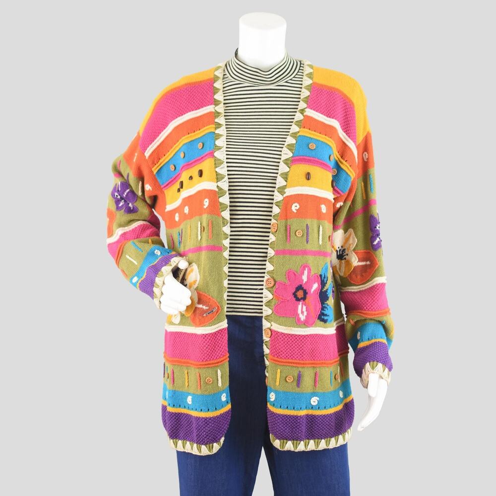 Vintage Chaus Cardigan, Colorful Chunky Funky Sweater, Women's Large